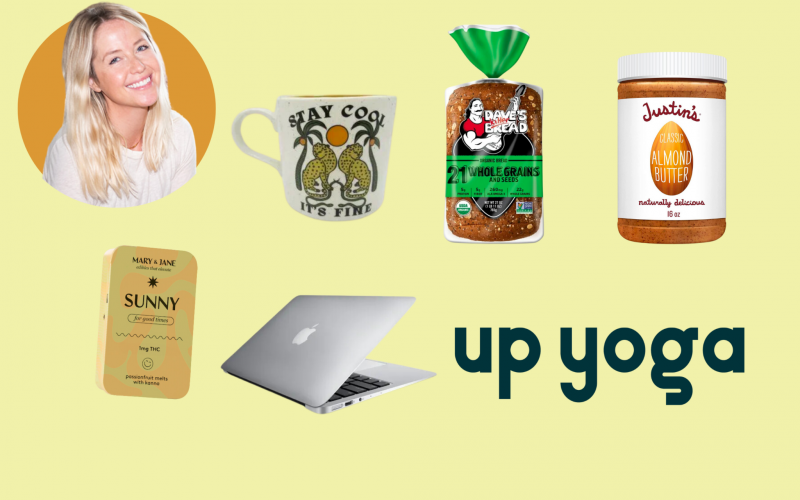 Laura's morning routine favorite items, Dave's Killer bread, almond butter, coffee and Sunny